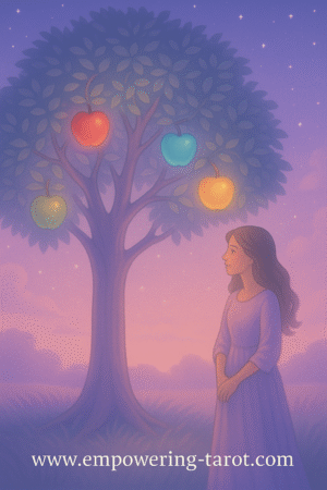 a woman looking at an apple tree with 4 apples growing on it: a green apple, a red apple, a blue apple and a yellow apple. what does it mean if you dream of apples in different colors and how does the color of the apple change the meaning of the dream symbol apple?