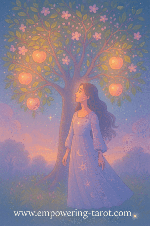 a woman in a magical dress standing beneath a glowing, magical apple tree. what does it mean if you dream of apples or apple trees? and which color did the apples have? explaining the symbolism of apples in a dream.