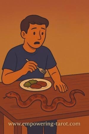 an illustration of a person eating and a snake is near their plate. what does it mean to dream of eating a snake? spiritual dream interpretation.