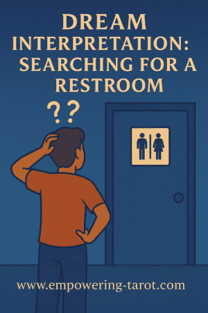 an illustration of a person standing next to a restroom and searching for the toilet with question marks above their head. what does it mean to dream looking for a toilet? spiritual dream interpretation.