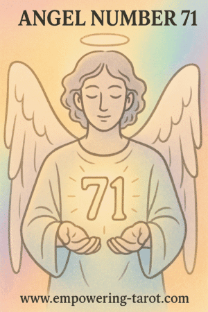 an image of an angel holding a floating 71. what does angel number 71 mean? article about the spiritual meaning of angel number 71.