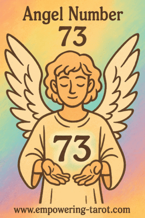 an image of an angel holding a floating 73. what does angel number 73 mean? article about the spiritual meaning of angel number 73.