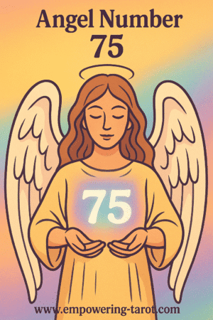 an image of an angel holding a floating 75. what does angel number 75 mean? article about the spiritual meaning of angel number 75.