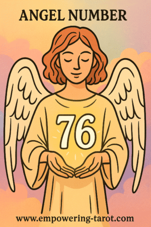 an image of an angel holding a floating 76. what does angel number 76 mean? article about the spiritual meaning of angel number 76.