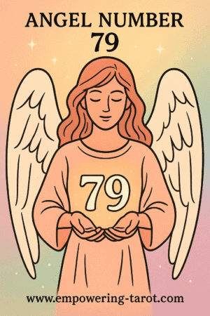 an image of an angel holding a floating 79. what does angel number 79 mean? article about the spiritual meaning of angel number 79.