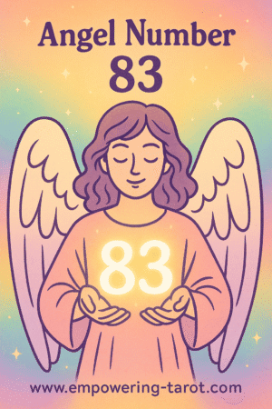 an image of an angel holding a floating 83. what does angel number 83 mean? article about the spiritual meaning of angel number 83.