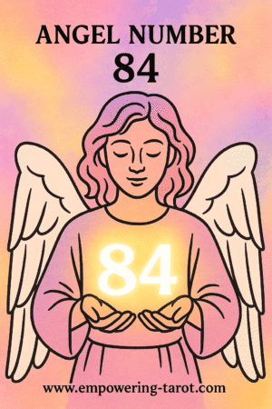 an image of an angel holding a floating 84. what does angel number 84 mean? article about the spiritual meaning of angel number 84.