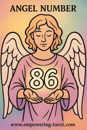 an image of an angel holding a floating 86. what does angel number 86 mean? article about the spiritual meaning of angel number 86.