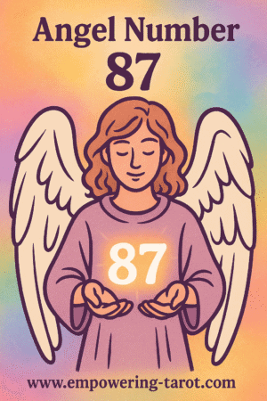an image of an angel holding a floating 87. what does angel number 87 mean? article about the spiritual meaning of angel number 87.