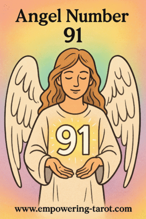 an image of an angel holding a floating 91. what does angel number 91 mean? article about the spiritual meaning of angel number 91.