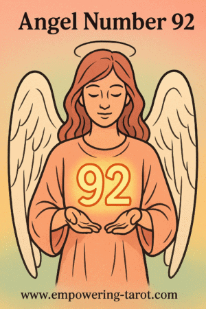 an image of an angel holding a floating 92. what does angel number 92 mean? article about the spiritual meaning of angel number 92.