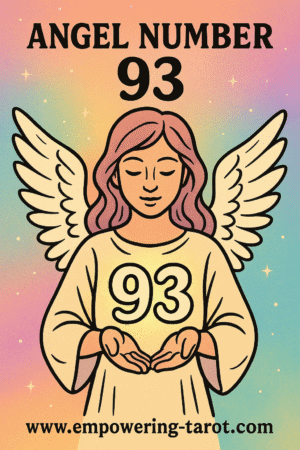 an image of an angel holding a floating 93. what does angel number 93 mean? article about the spiritual meaning of angel number 93.