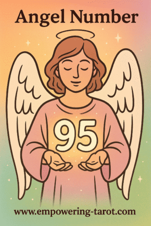 an image of an angel holding a floating 95. what does angel number 95 mean? article about the spiritual meaning of angel number 95.