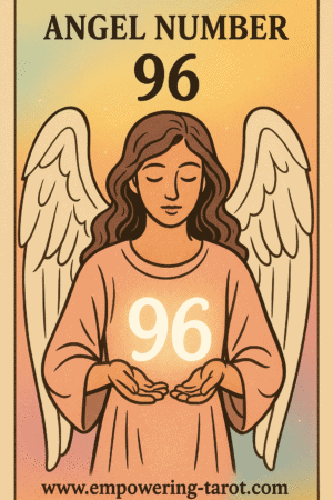 an image of an angel holding a floating 96. what does angel number 96 mean? article about the spiritual meaning of angel number 96.