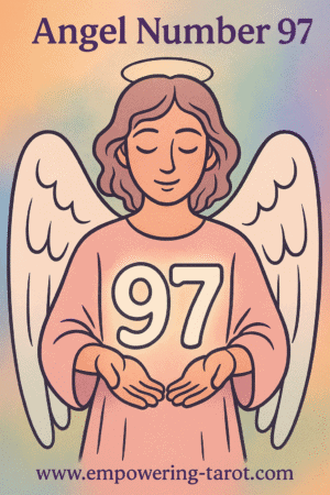 an image of an angel holding a floating 97. what does angel number 97 mean? article about the spiritual meaning of angel number 97.