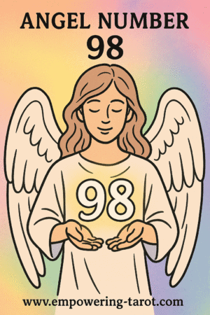 an image of an angel holding a floating 98. what does angel number 98 mean? article about the spiritual meaning of angel number 98.