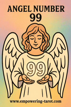 an image of an angel holding a floating 99. what does angel number 99 mean? article about the spiritual meaning of angel number 99.