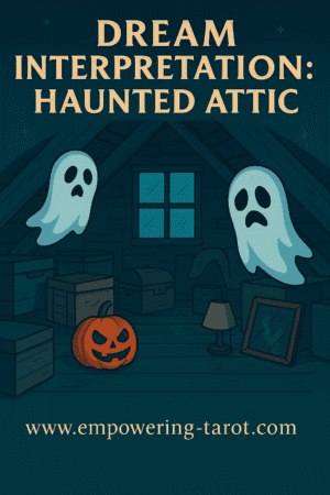 an image of a haunted attic with ghosts and a halloween pumpkin. what does it mean to dream of a haunted attic? illustrating an article about the spiritual dream interpretation of the symbol haunted attic.