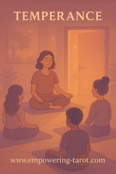 a modern approach to the tarot card temperance, showing people sitting on the floor and meditation.