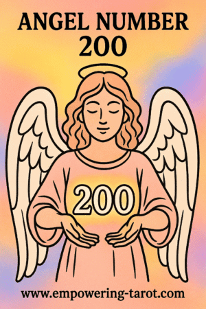 an image of an angel holding a floating 200. what does angel number 200 mean? article about the spiritual meaning of angel number 200.