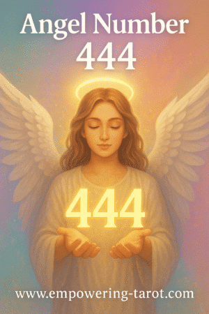 an image of an angel holding a floating 444. what does angel number 444 mean? article about the spiritual meaning of angel number 444.