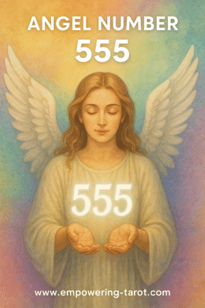 an image of an angel holding a floating 555. what does angel number 555 mean? article about the spiritual meaning of angel number 555.