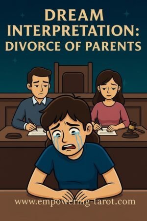 an illustration of a couple filing for divorce and a crying child in a courtroom. what does it mean to dream of your parents divorce? an article on the spiritual meaning of dreams of divorcing parents.