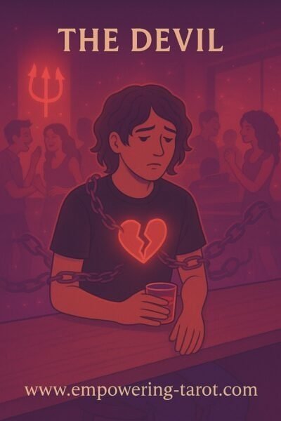 an illustration of a young man with a broken heart on his t-shirt and chains around his chest, standing at the counter in a bar, and drinking a whiskey, as a moder approach to the tarot card the devil. used to illustrate several articles on the tarot card the devil for a free online tarot course.