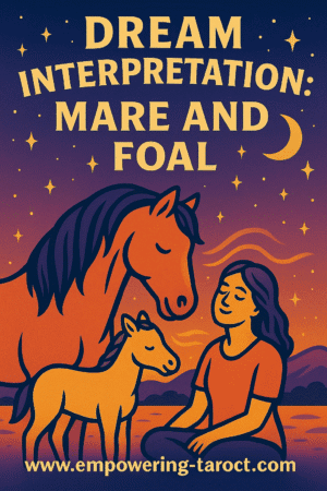 an illustration of a mare and a foal. what does it mean to drema of a horse mother and a baby horse? an article on the spiritual meaning of dream of a mare with a foal.