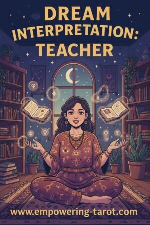 an illustration of a spiritual teacher, as a woman sitting on the floor in a library with spiritual books and sigils around her. what does it mean to dream of a teacher? an article on the spiritual meaning of teachers in dreams.