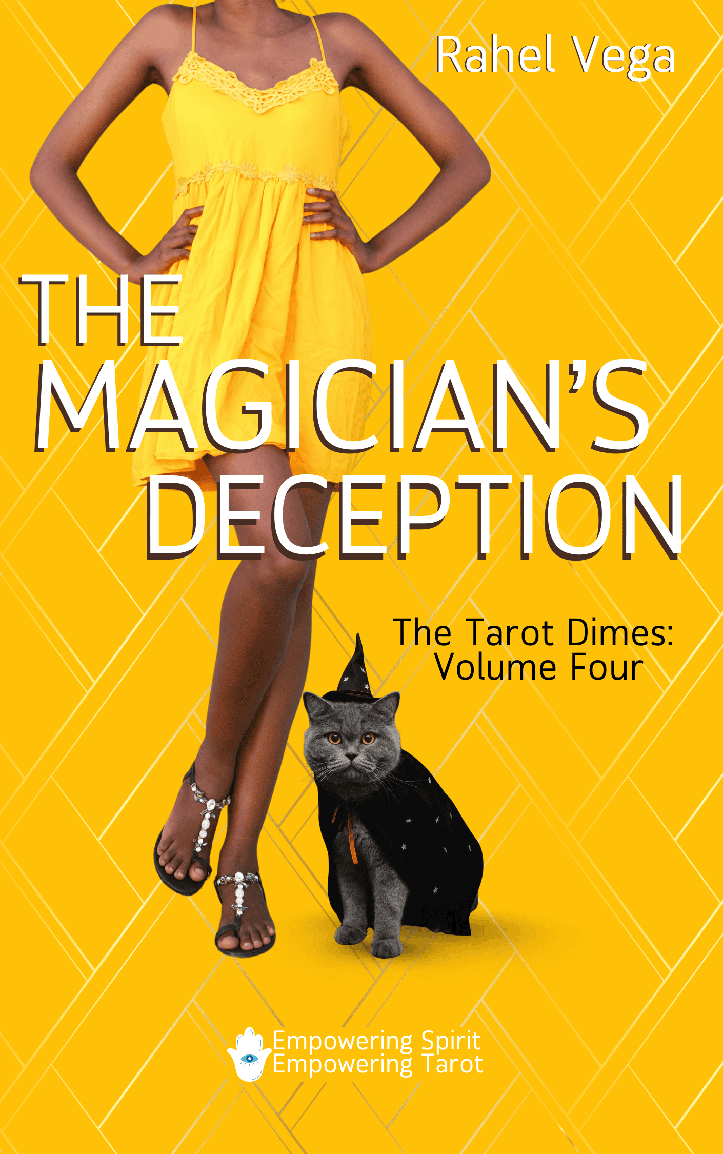 the cover illustration for volume 4 of the spiritual, cozy, amateur sleuth series "The Tarot Dimes", "The Magician's Deception", by Rahel Vega