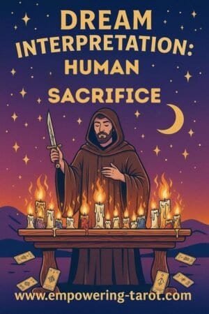 an illustration of a magician in a brown robe, standing in front of a table full of candles, knife in his hands, preparing to do a human sacrifice. what does it mean to dream of human sacrifice? an article on the spiritual meaning of human sacrifices in dreams