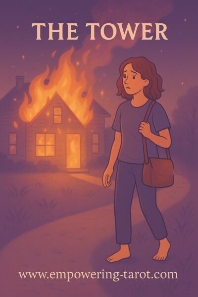 Woman walking away from a burning house during night time, distress and chaos depicted. Represents Tarot Card The Tower.