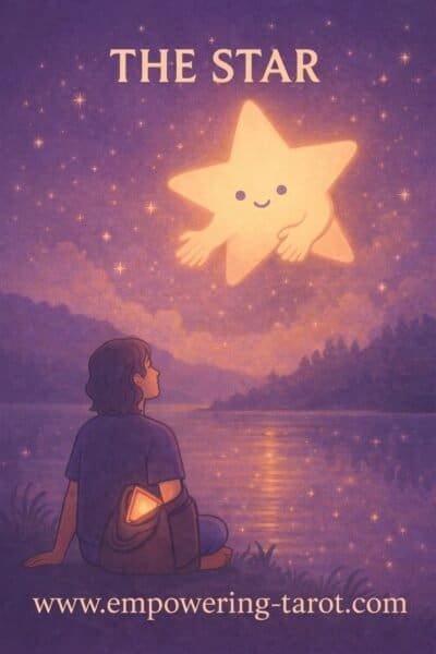 A girl gazes at a glowing, smiling star over a calm lake at night, symbolizing hope and spiritual connection. Represents Tarot Card The Star.