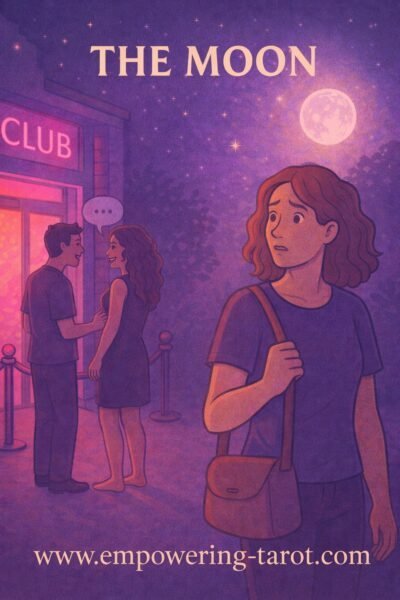 Dreamy moonlit night with a woman under the full moon, stars, and a club in the background.