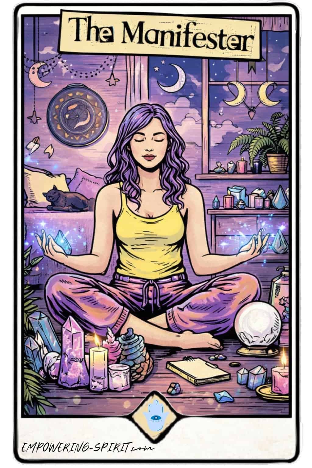 Calm woman practicing meditation surrounded by crystals, candles, and mystical decor.