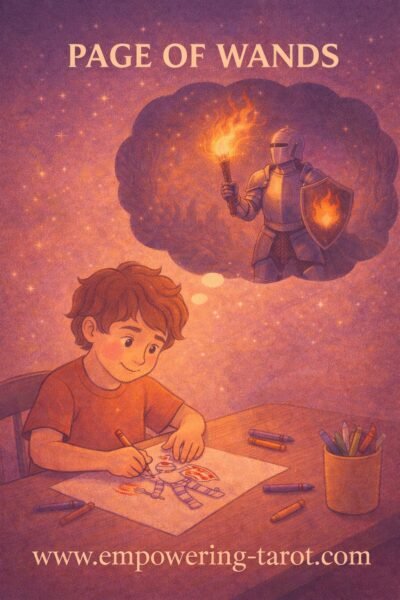 Child drawing with a magical wand and armor-inspired shield, imagining page of wands manifestation. Representing the Page of Wands.